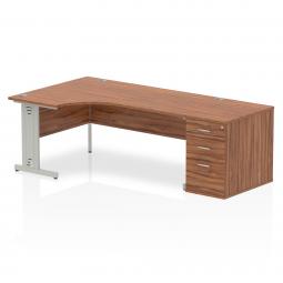 Dynamic Impulse 1800mm Left Crescent Desk Walnut Top Silver Cable Managed Leg Workstation 800mm Deep Desk High Pedestal Bundle I000663