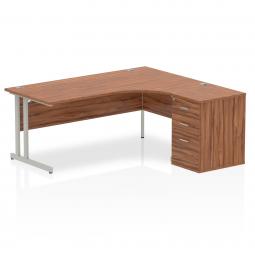 Dynamic Impulse 1800mm Right Crescent Desk Walnut Top Silver Cantilever Leg Workstation 600mm Deep Desk High Pedestal Bundle I000555