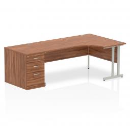 Dynamic Impulse 1800mm Right Crescent Desk Walnut Top Silver Cantilever Leg Workstation 800mm Deep Desk High Pedestal Bundle I000579