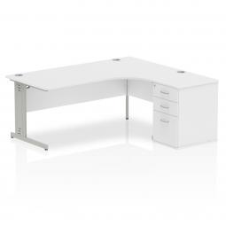 Dynamic Impulse 1800mm Right Crescent Desk White Top Silver Cable Managed Leg Workstation 600mm Deep Desk High Pedestal Bundle I000650