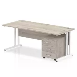 Impulse Cantilever Straight Office Desk W1800 x D800 x H730mm Grey Oak Finish White Frame With 3 Drawer Mobile Pedestal - I003804