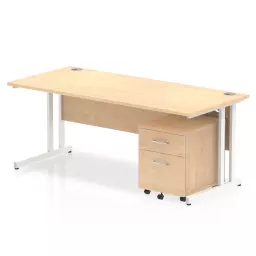 Impulse Cantilever Straight Office Desk W1800 x D800 x H730mm Maple Finish White Frame With 2 Drawer Mobile Pedestal - I003929