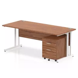 Impulse Cantilever Straight Office Desk W1800 x D800 x H730mm Walnut Finish White Frame With 2 Drawer Mobile Pedestal - I003933