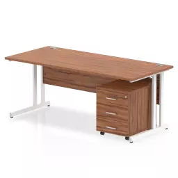 Impulse Cantilever Straight Office Desk W1800 x D800 x H730mm Walnut Finish White Frame With 3 Drawer Mobile Pedestal - I003961