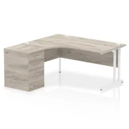 Dynamic Impulse W1600 x D1200 x H730mm Left Hand Crescent Desk Cantilever Leg With D600mm Desk High Pedestal Grey Oak Finish White Frame - I004078