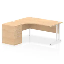 Dynamic Impulse W1600 x D1200 x H730mm Left Hand Crescent Desk Cantilever Leg With D600mm Desk High Pedestal Maple Finish White Frame - I004082