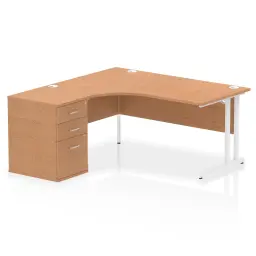 Dynamic Impulse W1600 x D1200 x H730mm Left Hand Crescent Desk Cantilever Leg With D600mm Desk High Pedestal Oak Finish White Frame - I004086