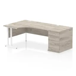 Dynamic Impulse W1600 x D1200 x H730mm Left Hand Crescent Desk Cantilever Leg With D800mm Desk High Pedestal Grey Oak Finish White Frame - I004079