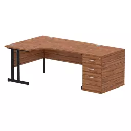 Dynamic Impulse W1600 x D1200 x H730mm Left Hand Crescent Desk Cantilever Leg With D800mm Desk High Pedestal Walnut Finish Black Frame - I004409