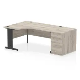 Dynamic Impulse W1600 x D1200 x H730mm Left Hand Crescent Desk Cable Managed Leg With D800mm Desk High Pedestal Grey Oak Finish Black Frame - I004477