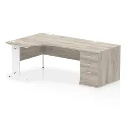 Dynamic Impulse W1600 x D1200 x H730mm Left Hand Crescent Desk Cable Managed Leg With D800mm Desk High Pedestal Grey Oak Finish White Frame - I004077