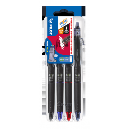 Pilot Set2Go Frixion Synergy Point Clicker Erasable Retractable Gel Rollerball Pen 0.5mm Tip 0.25mm Line Black/Blue/Blue-Black/Red (Pack 4)