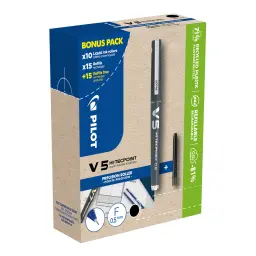 Pilot V5 Hi-Tecpoint Liquid Ink Rollerball Pen 0.5mm Tip 0.3mm Line Black Greenpack (Pack 10 + 10 Refills)  - 3131910556237