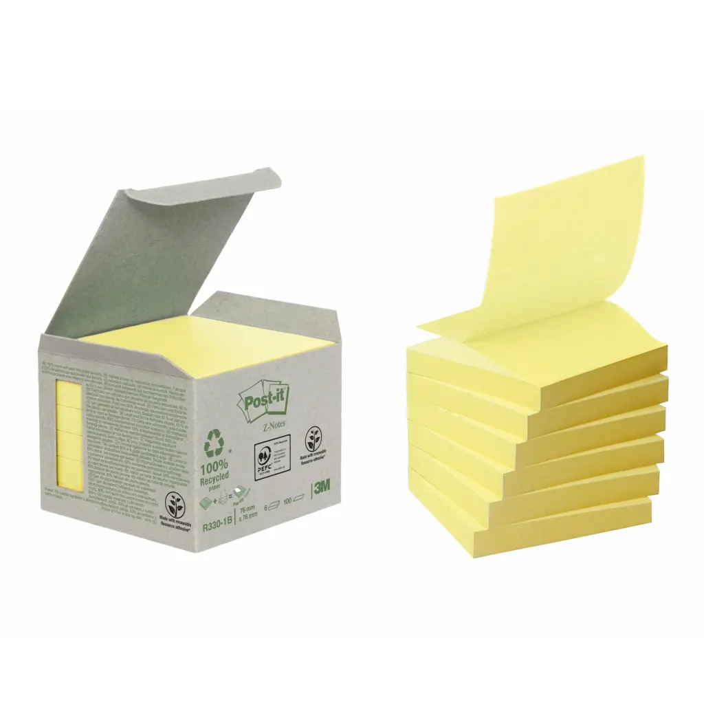 Post-it Recycled Z-Notes 76x76mm 100 Sheets Per Pad PEFC Canary Yellow (Pack 6)  - 7100172253