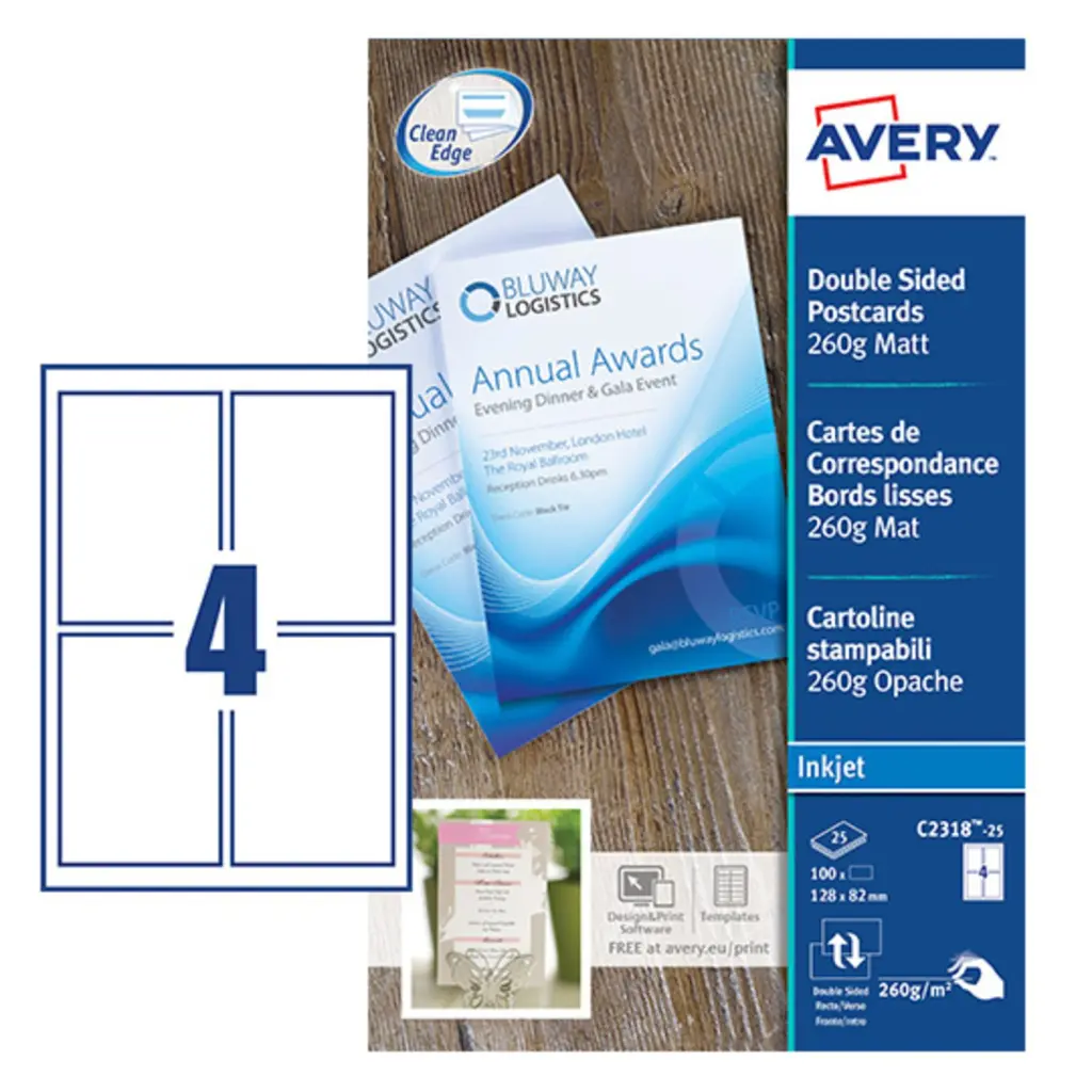 Avery Printable Cards 128mm x 82mm Inkjet Prints on Both Sides 100 Cards / 25 Sheets - C2318-25