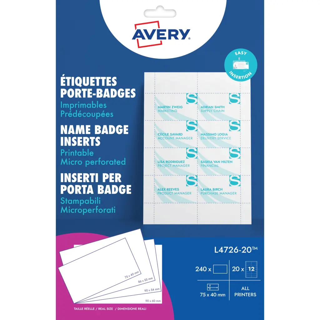 Avery Microperforated Printable Inserts 75mm x 40mm All Printers 240 Labels / 20 sheet - L4726-20