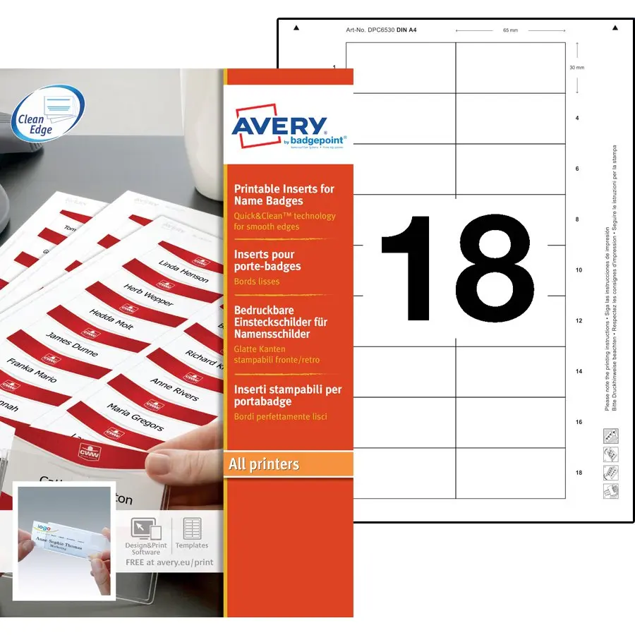 Avery Printable Inserts 65mm x 30mm All printer types 180 Inserts / 10 Sheets - 6530