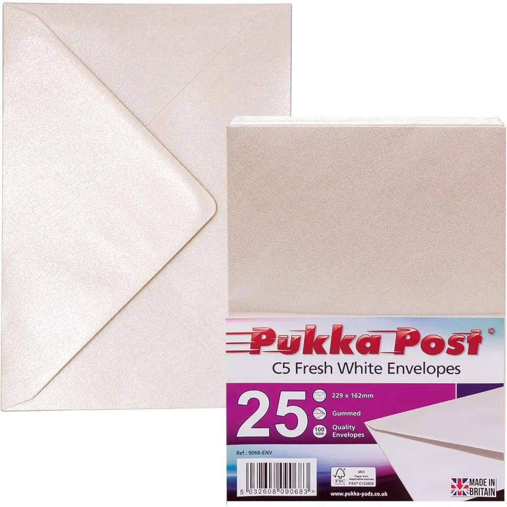 Pukka Post & Packaging Envelopes C5 Fresh White Gummed 100gsm 162mmx229mm (Pack 25) - 9068-ENV