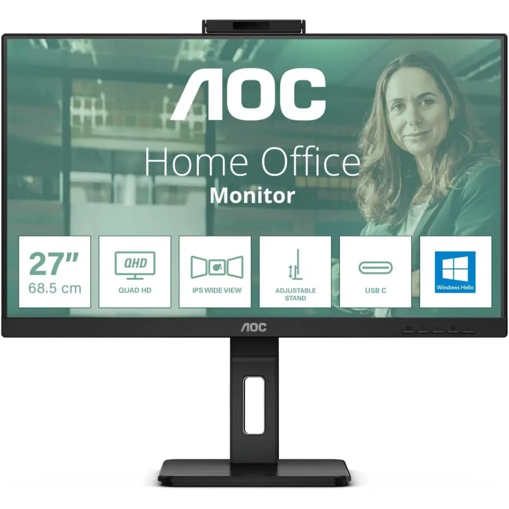 AOC Q27P3CW 27 Inch 2560 x 1440 Pixels Quad HD IPS Panel 75Hz Refresh Rate HDMI DisplayPort USB-C Built-in Webcam Monitor