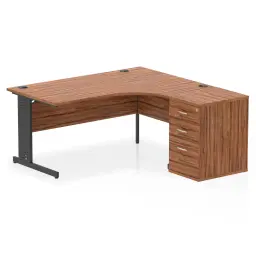 Dynamic Impulse W1600 x D1200 x H730mm Right Hand Crescent Desk Cable Managed Leg With D600mm Desk High Pedestal Walnut Finish Black Frame - I004499