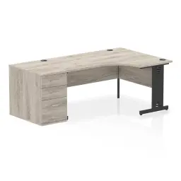 Dynamic Impulse W1600 x D1200 x H730mm Right Hand Crescent Desk Cable Managed Leg With D800mm Desk High Pedestal Grey Oak Finish Black Frame - I004501