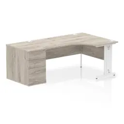 Dynamic Impulse W1600 x D1200 x H730mm Right Hand Crescent Desk Cable Managed Leg With D800mm Desk High Pedestal Grey Oak Finish White Frame - I004097