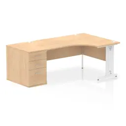 Dynamic Impulse W1600 x D1200 x H730mm Right Hand Crescent Desk Cable Managed Leg With D800mm Desk High Pedestal Maple Finish White Frame - I004101