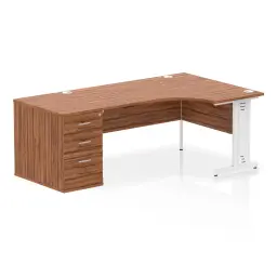 Dynamic Impulse W1600 x D1200 x H730mm Right Hand Crescent Desk Cable Managed Leg With D800mm Desk High Pedestal Walnut Finish White Frame - I004109