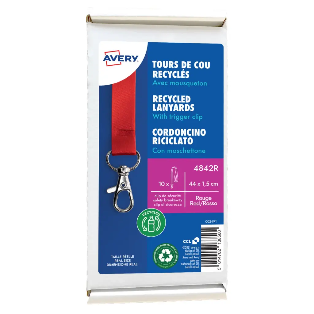 Avery Recycled Lanyard Red with Trigger Clip (Pack 10) - 4842R