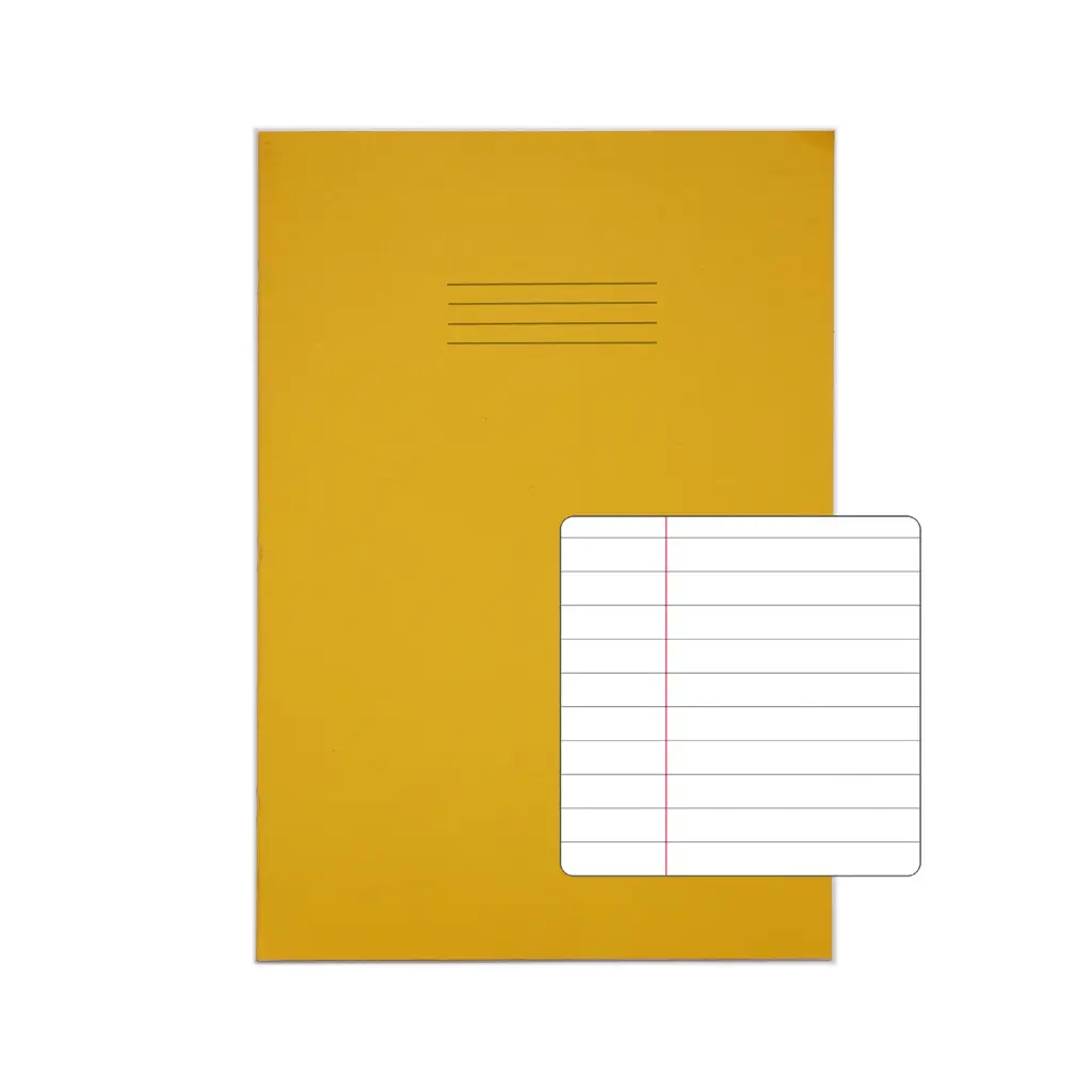 RHINO A4+ (13 x 9 inch) Oversized Exercise Book 48 Page 8mm Ruled Feint With Margin Yellow (Pack 50) - VDU048-243-6
