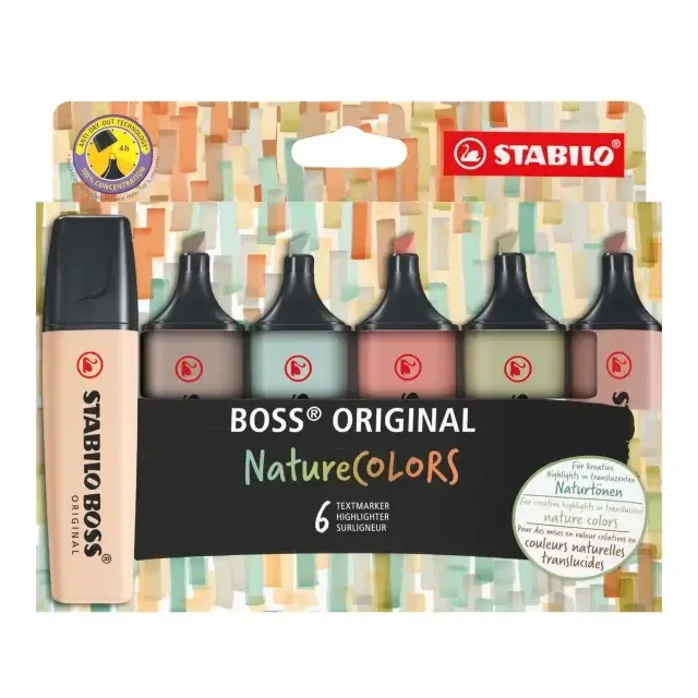 STABILO BOSS ORIGINAL NatureCOLORS Highlighter Text Marker Assorted Colours Mud green Earth green Warm grey Sienna Umber & Beige (Pack 6) - 70/6-2-2