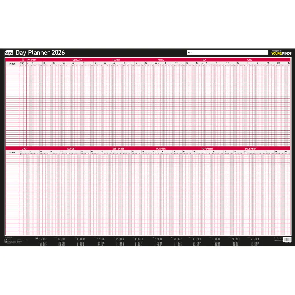 Sasco 2026 Day Wall Planner 915W x 610mmH With Wet Wipe Pen & Sticker Pack Board Mounted - 2410271