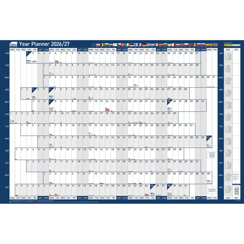 Sasco 2026 EU Year Wall Planner 915W x 610mmH With Wet Wipe Pen & Sticker Pack Unmounted - 2410270