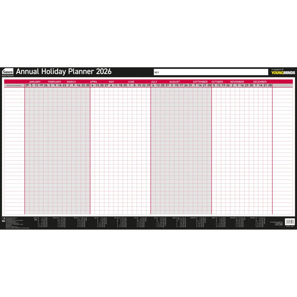 Sasco 2026 Annual Holiday Year Wall Planner 750W x 410Hmm With Wet Wipe Pen & Sticker Pack Unmounted - 2410277
