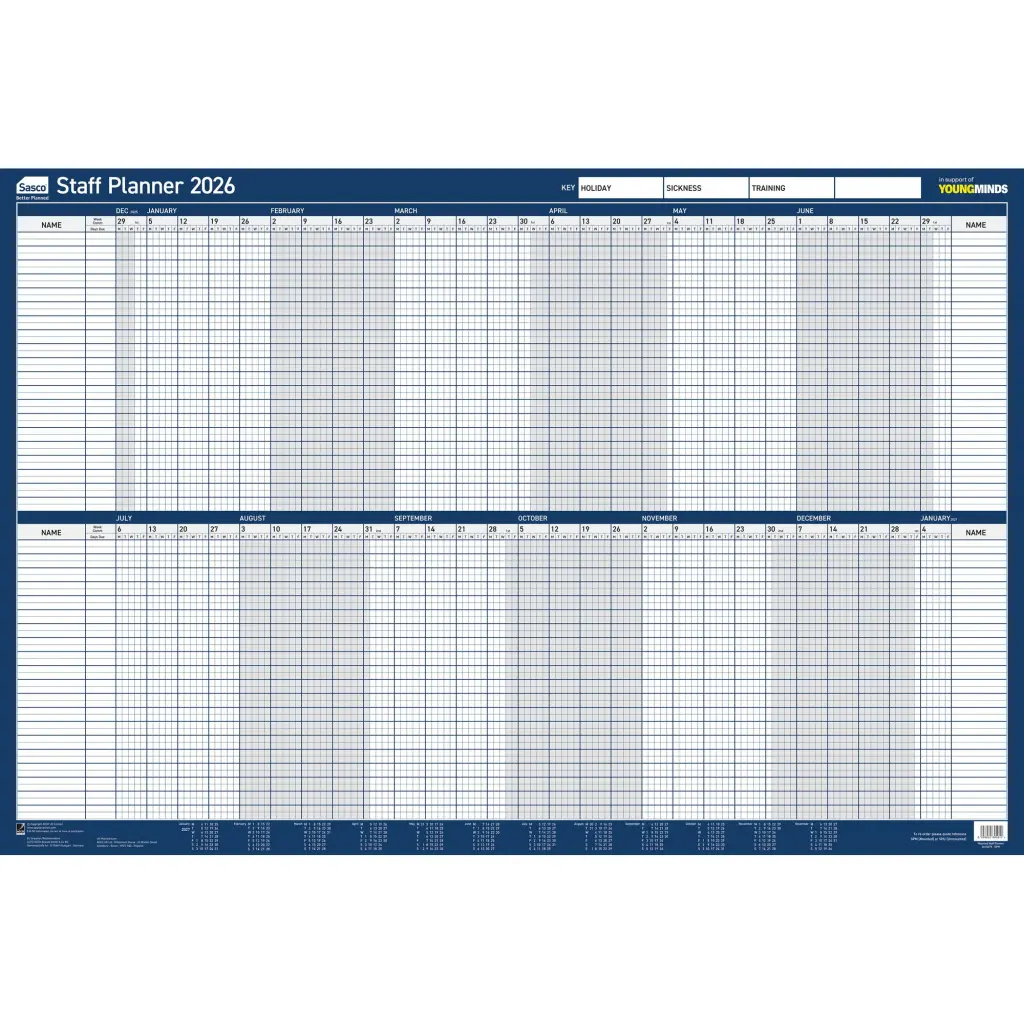 Sasco 2026 Staff Year Wall Planner 915W x 610mmH With Wet Wipe Pen & Sticker Pack Board Mounted - 2410275