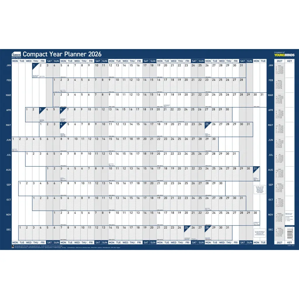 Sasco 2026 Compact Year Wall Planner 610W x 405mmH Landscape With Wet Wipe Pen & Sticker Pack Unmounted - 2410267