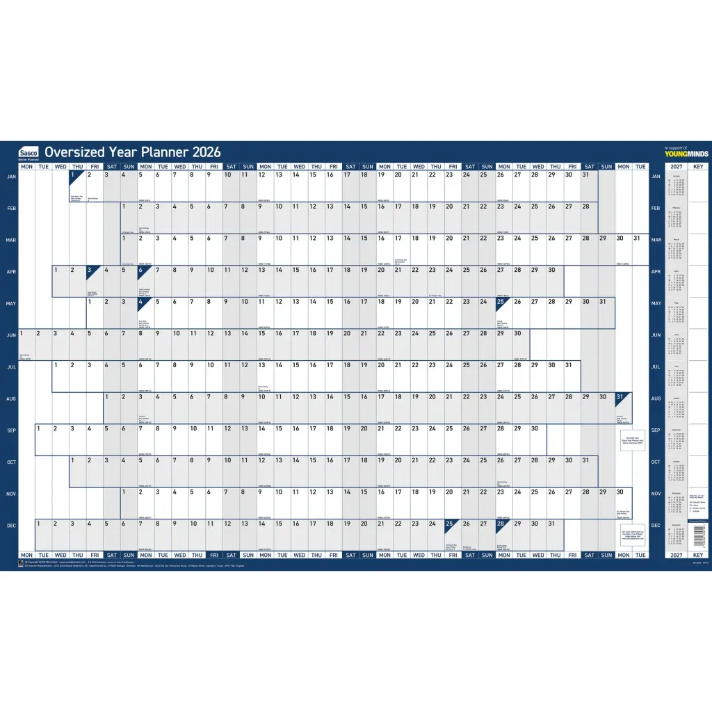 Sasco 2026 Original Year Wall Planner Oversize 1100W x 610mmH With Wet Wipe Pen & Sticker Pack Unmounted - 2410263