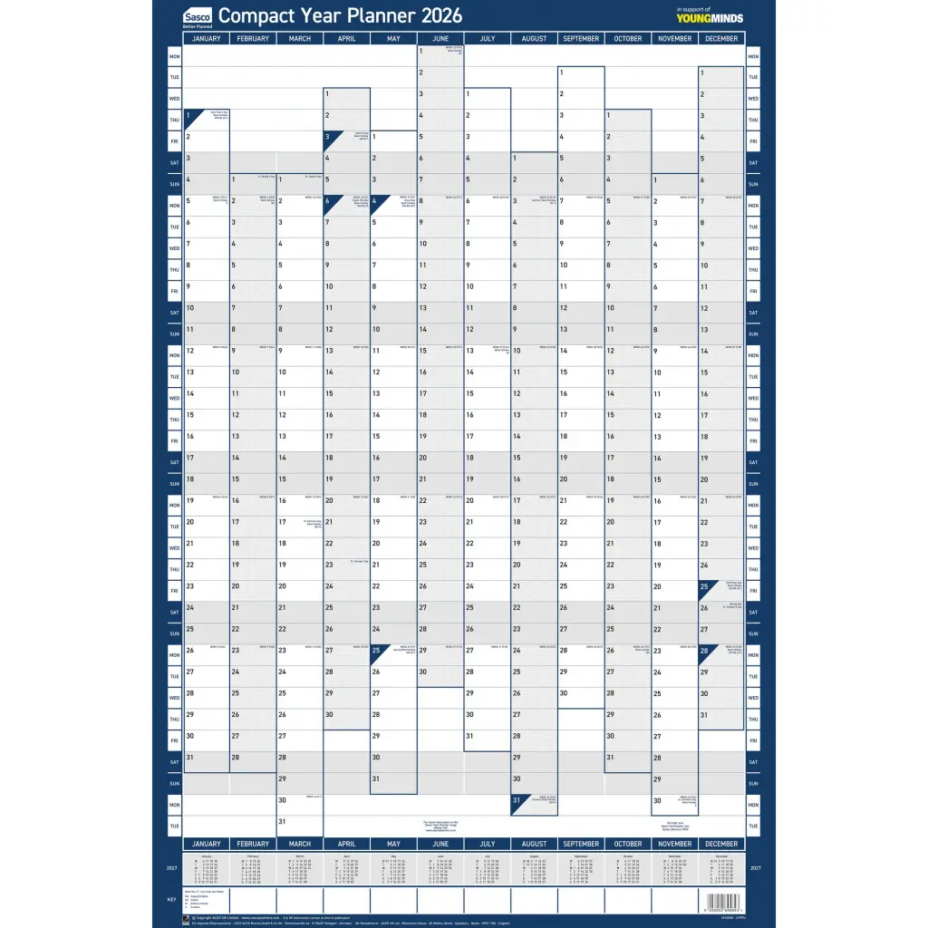 Sasco 2026 Compact Year Wall Planner 610W x 405mmH Portrait With Wet Wipe Pen & Sticker Pack Unmounted - 2410268