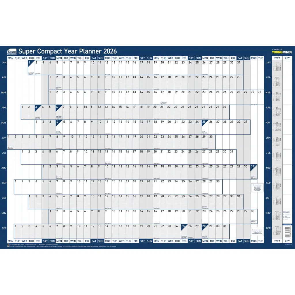 Sasco 2026 Super Compact Year Wall Planner 400W x 285Hmm With Wet Wipe Pen & Sticker Pack Unmounted - 2410264