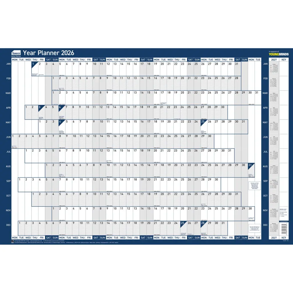 Sasco 2026 Original Year Wall Planner 915W x 610mmH With Wet Wipe Pen & Sticker Pack Unmounted - 2410262