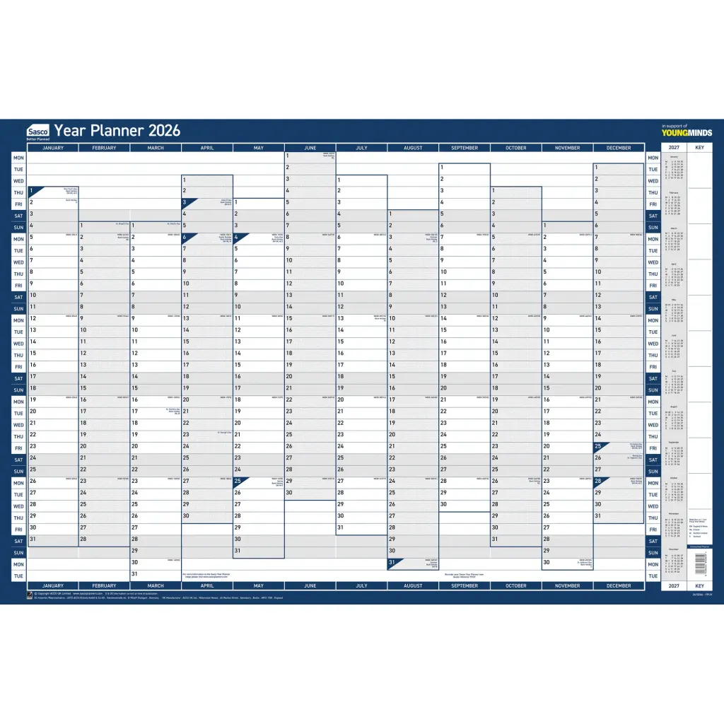 Sasco 2026 Original Year Wall Planner 915W x 610mmH With Wet Wipe Pen & Sticker Pack Unmounted - 2410266