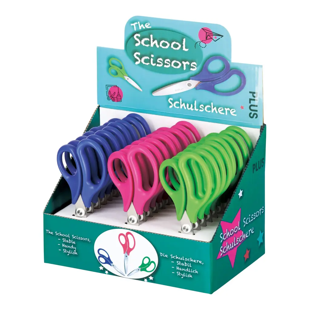 Plus By Pentel School Scissors Display Pack Ergonomic Handle Stainless Steel 145mm Assorted Colours (Pack 24) 34567