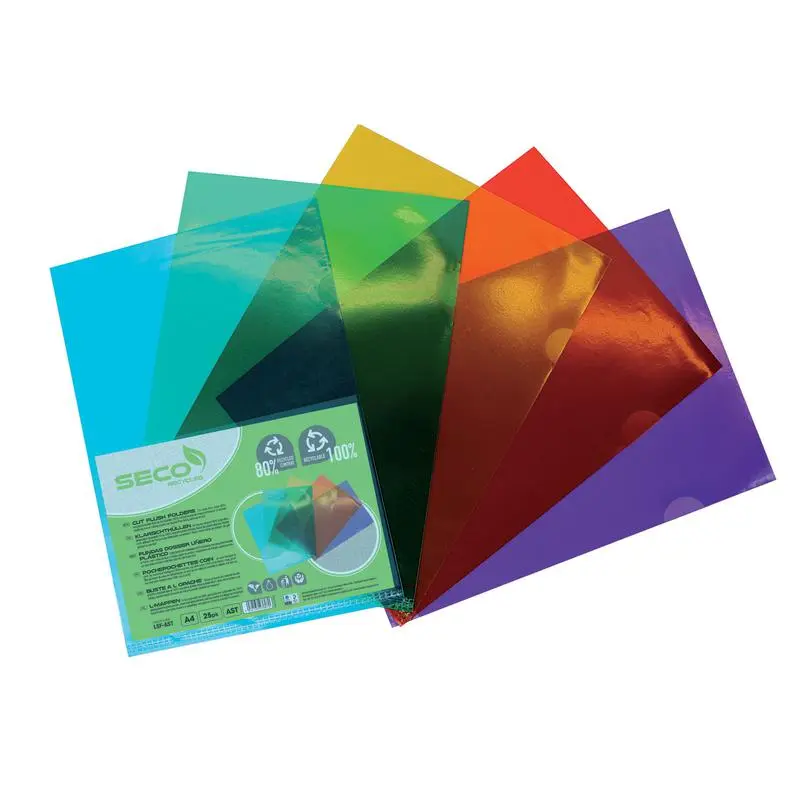 SECO Cut Flush Folders A4 100 Micron Assorted Colours PK25 - LSF-AST