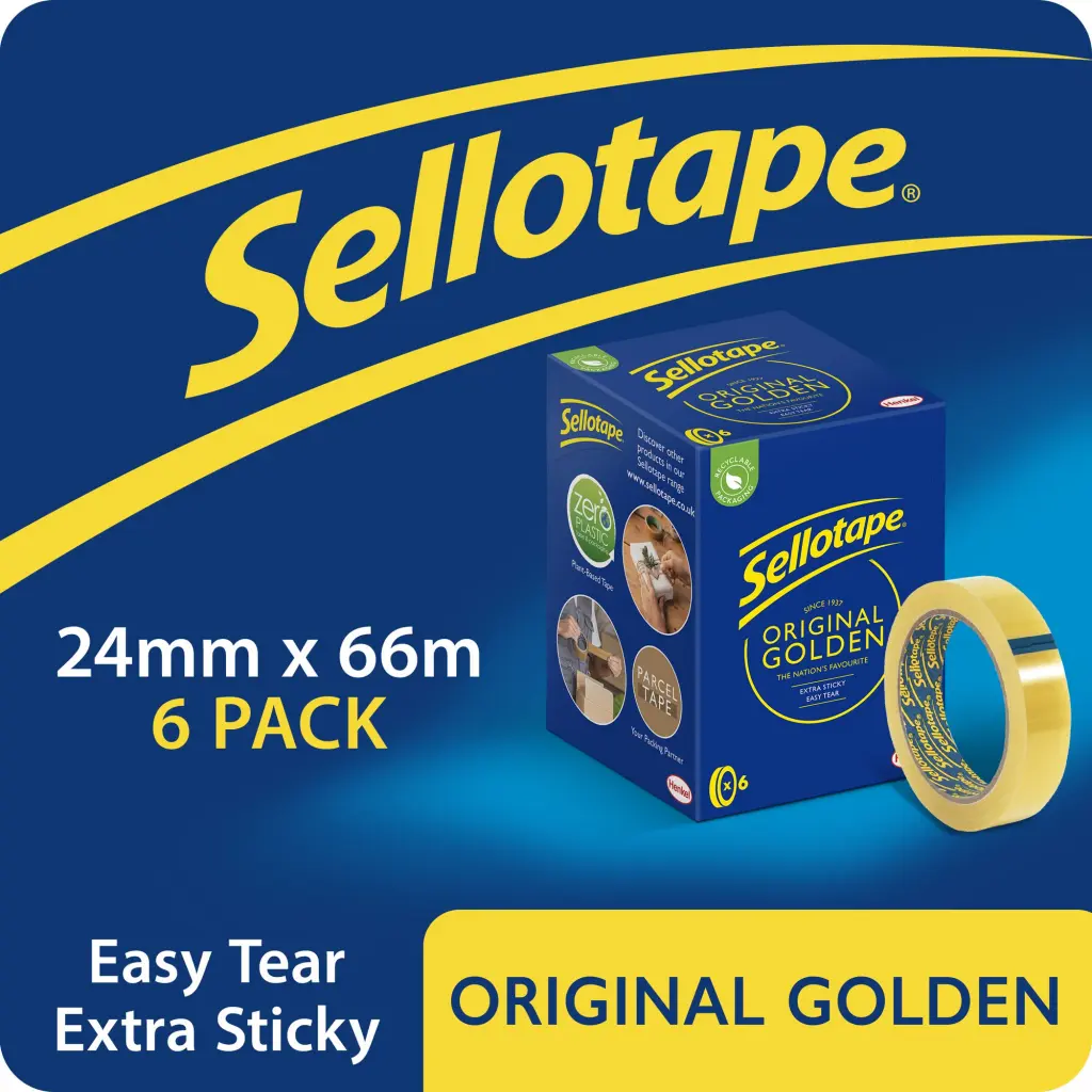 Sellotape Original Golden Tape Easy Tear Extra Sticky 24mmx66m Case 72 Rolls (12 x 6 Pack) - 2974501 12X6