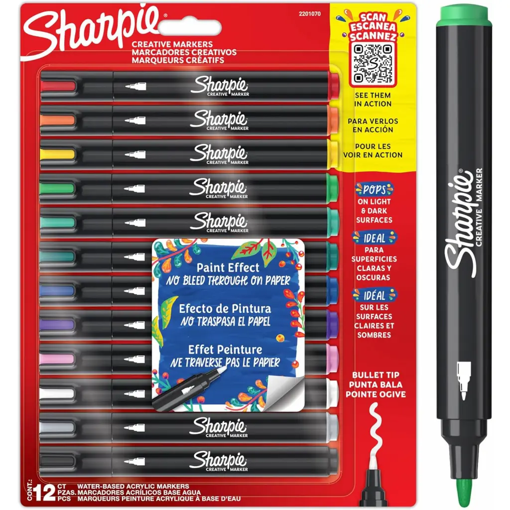 Sharpie Creative Marker Acrylic Paint Markers Water-Based Bullet Tip Assorted Colours (Pack 12) - 2201070