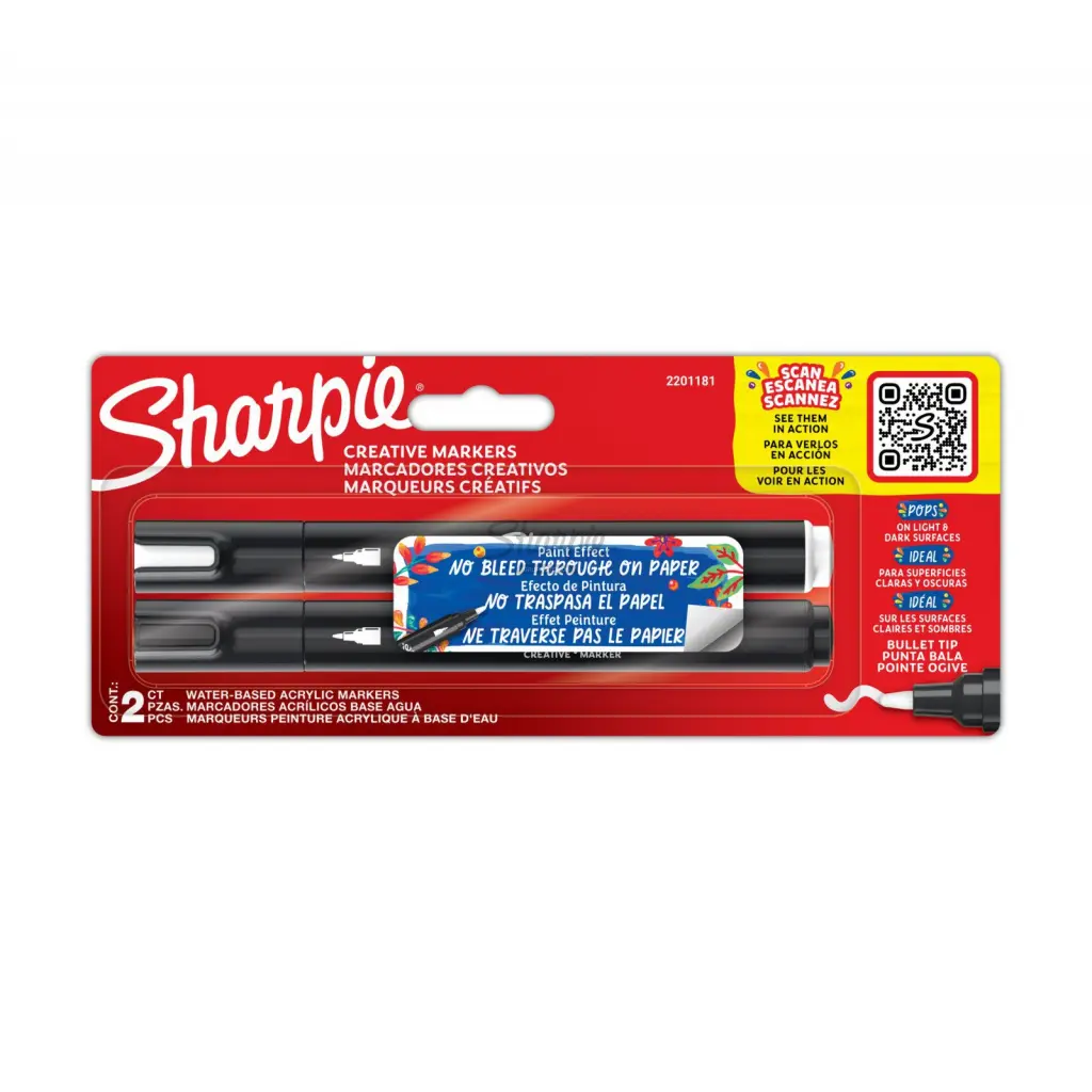 Sharpie Creative Marker Acrylic Paint Markers Water-Based Bullet Tip Black & White (Pack 2) - 2201181