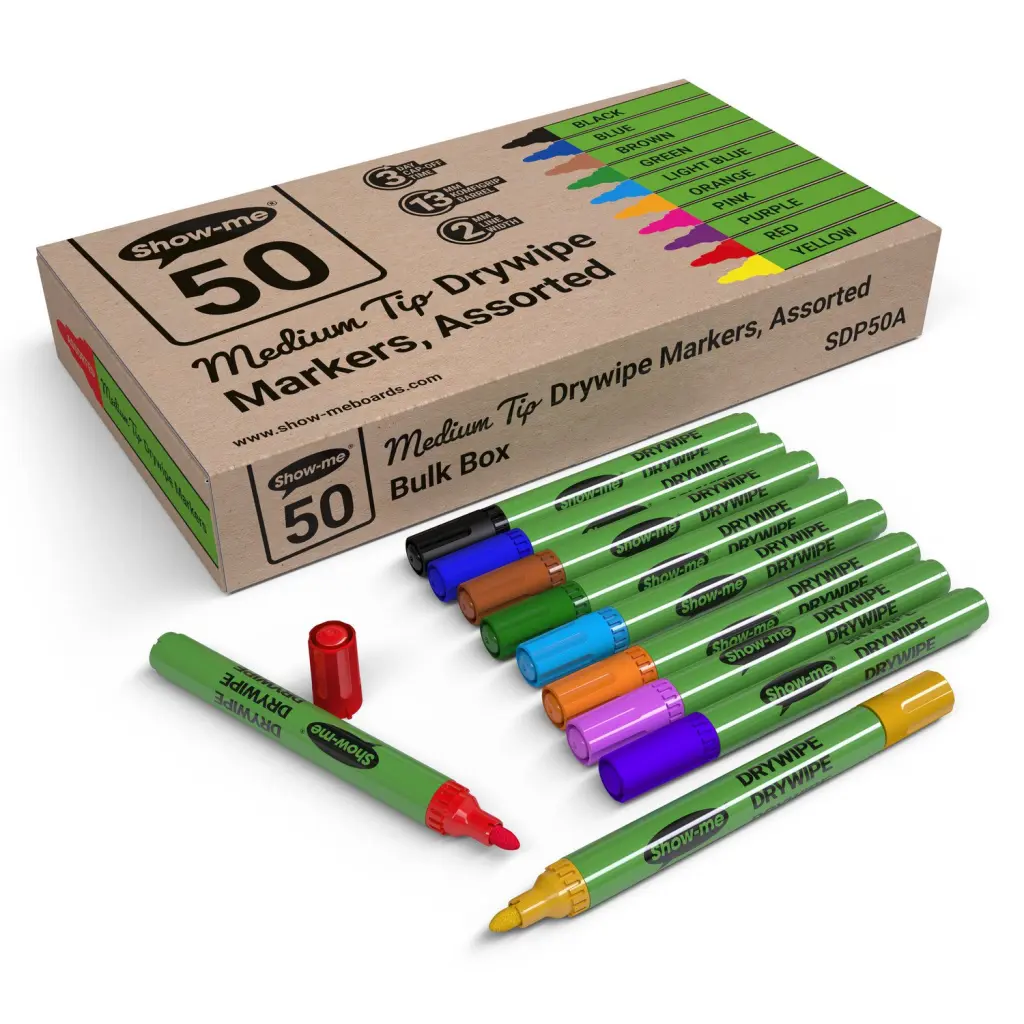 Show-me Drywipe Marker Medium Bullet Tip Slim Barrel Assorted Colours (Pack 50) - SDP50A