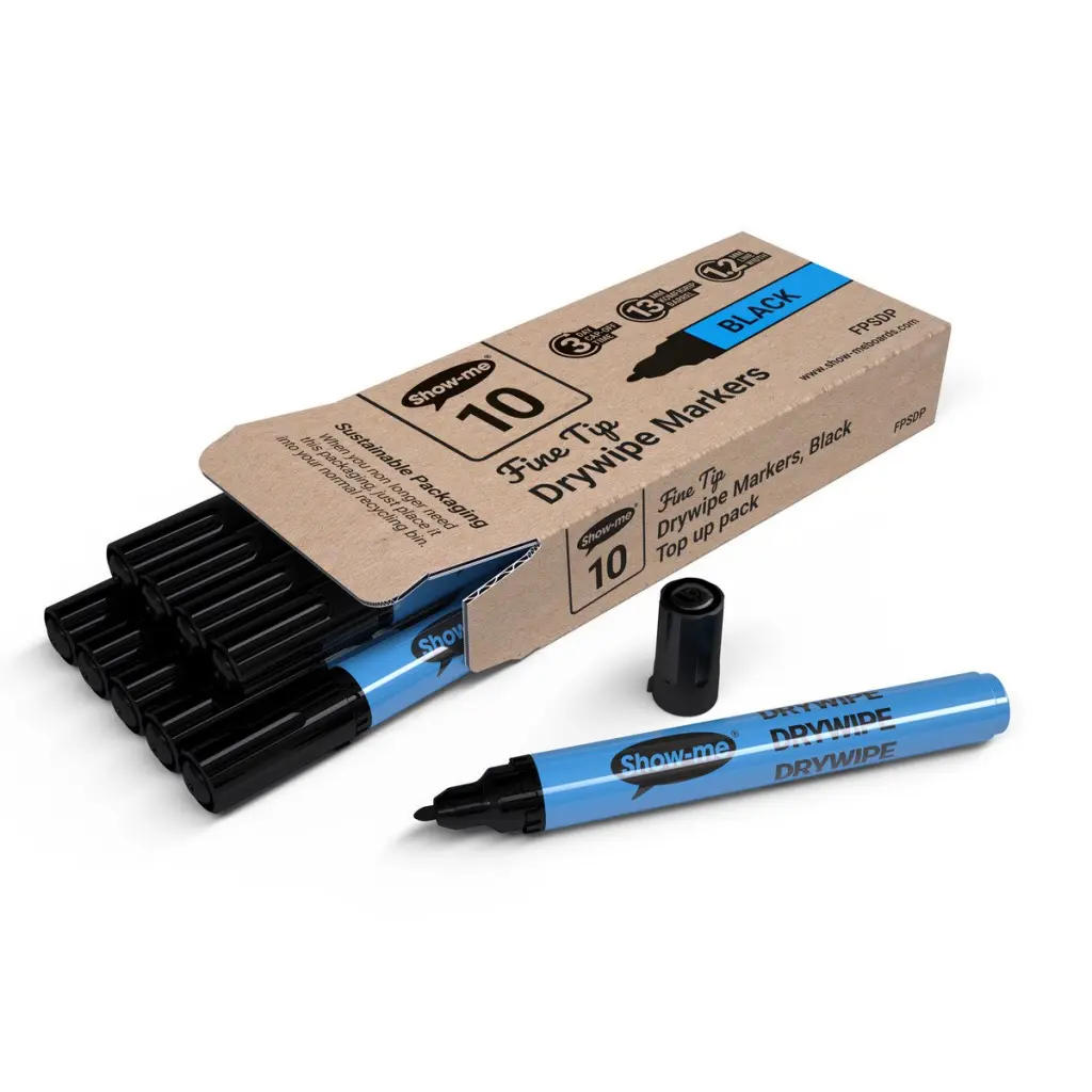 Show-me Drywipe Marker Fine Tip Slim Barrel Black (Pack 10) - FPSDP