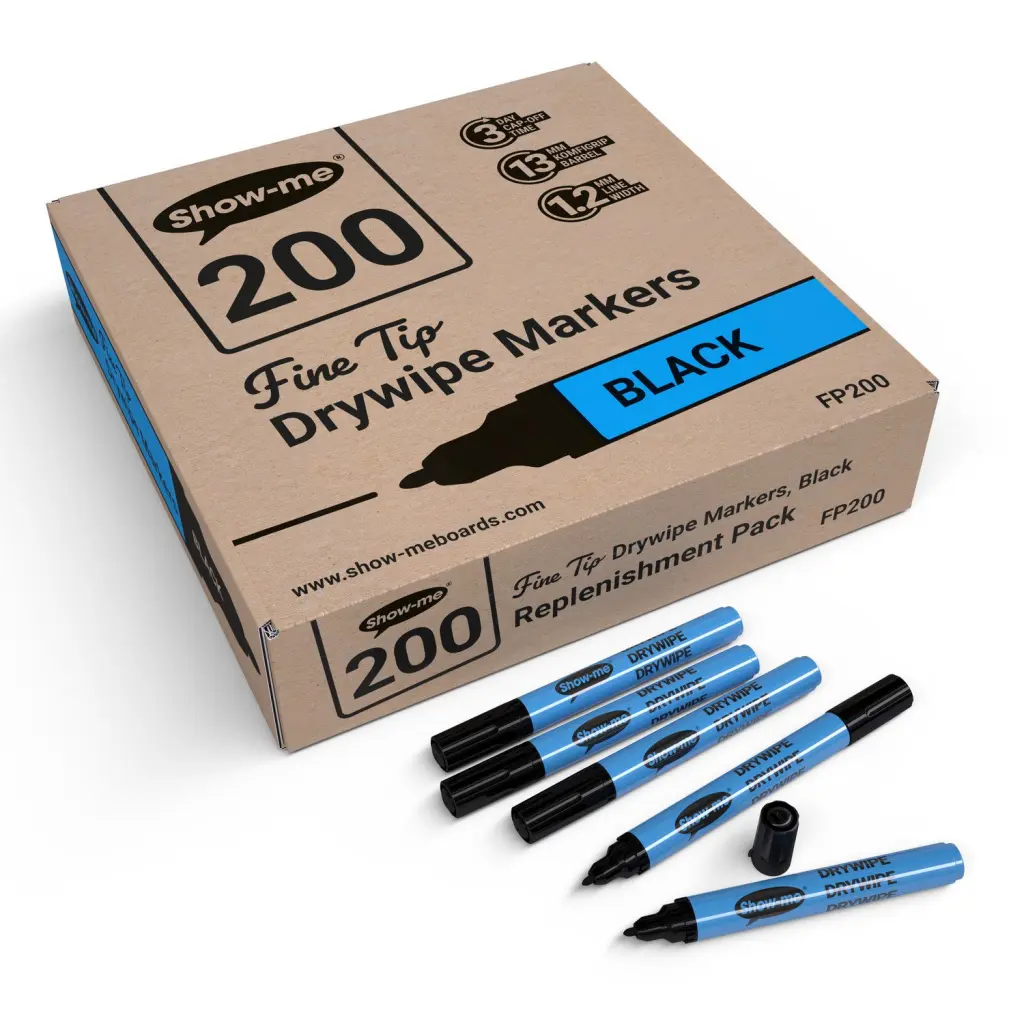 Show-me Drywipe Marker Fine Tip Slim Barrel Black (Pack 200) - FP200