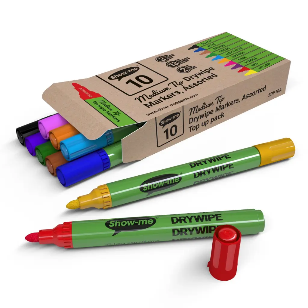 Show-me Drywipe Marker Medium Tip Slim Barrel Assorted Colours (Pack 10) - SDP10A